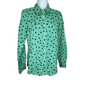 Orvis Women's Sz 12 L Blouse Shirt Roll Up Long Sleeve Green & Navy Polka Dot